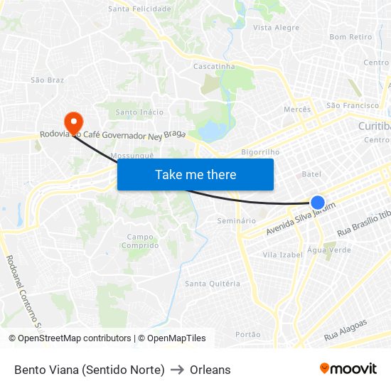 Bento Viana (Sentido Norte) to Orleans map