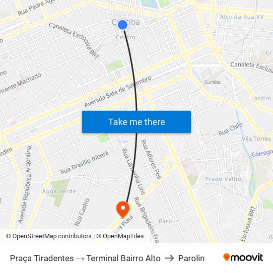 Praça Tiradentes → Terminal Bairro Alto to Parolin map