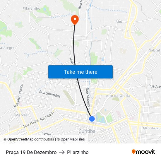 Praça 19 De Dezembro to Pilarzinho map