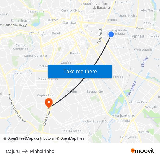 Cajuru to Pinheirinho map