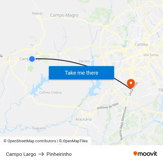 Campo Largo to Pinheirinho map