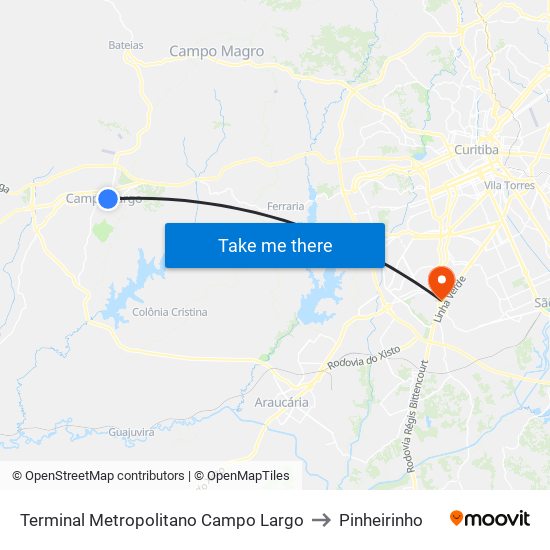 Terminal Metropolitano Campo Largo to Pinheirinho map