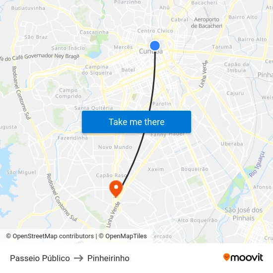 Passeio Público to Pinheirinho map