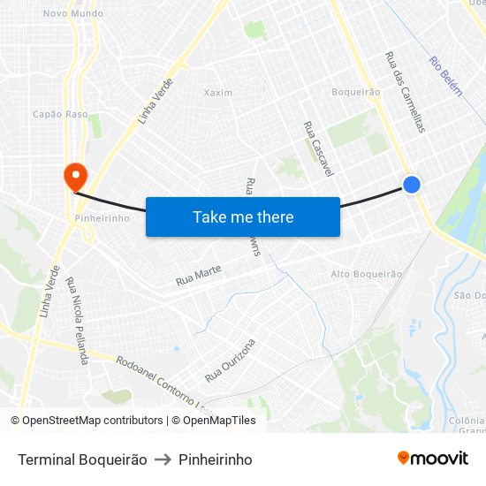 Terminal Boqueirão to Pinheirinho map