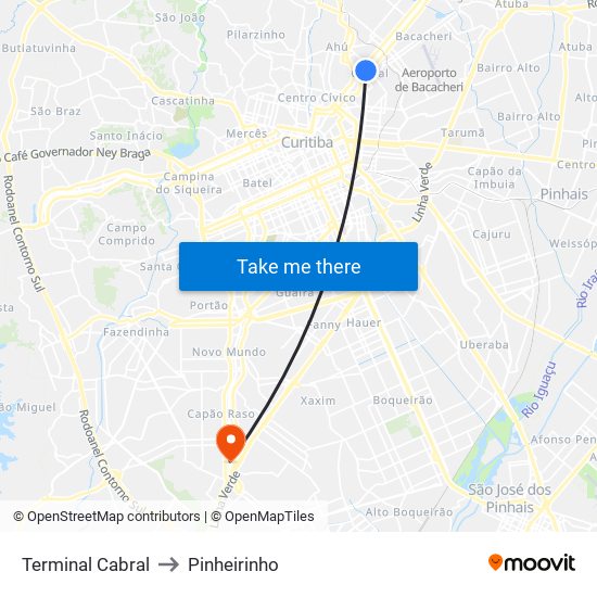 Terminal Cabral to Pinheirinho map