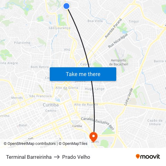 Terminal Barreirinha to Prado Velho map