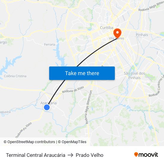 Terminal Central Araucária to Prado Velho map