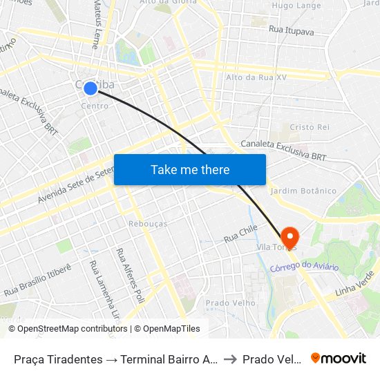 Praça Tiradentes → Terminal Bairro Alto to Prado Velho map