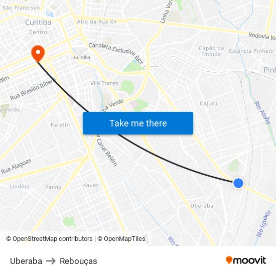 Uberaba to Rebouças map