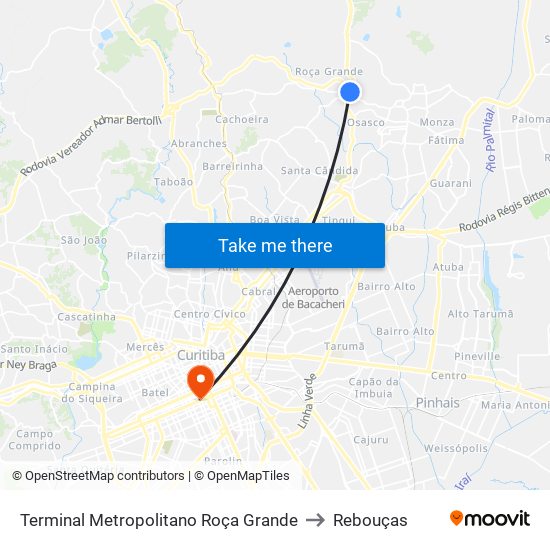 Terminal Metropolitano Roça Grande to Rebouças map