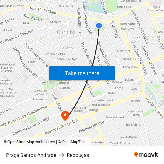 Praça Santos Andrade to Rebouças map