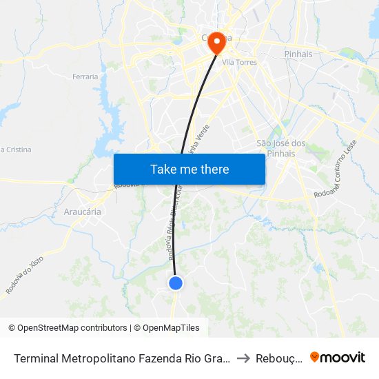 Terminal Metropolitano Fazenda Rio Grande to Rebouças map