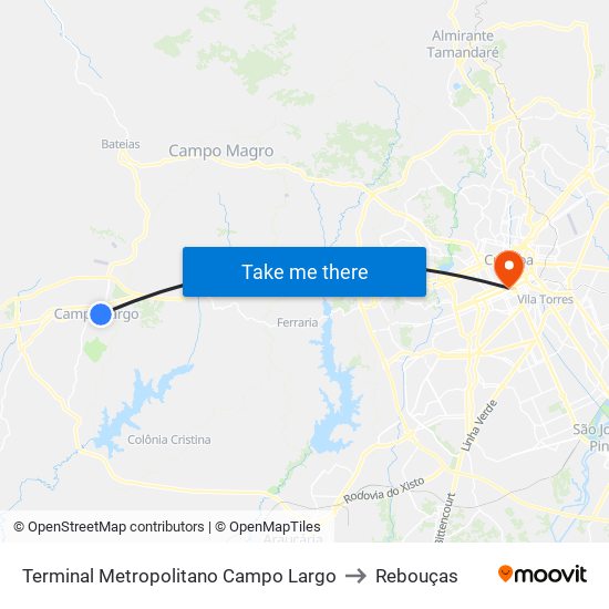 Terminal Metropolitano Campo Largo to Rebouças map