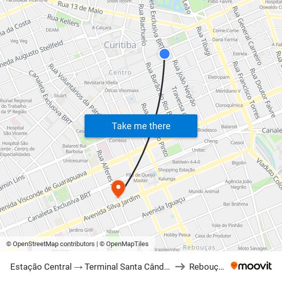 Estação Central → Terminal Santa Cândida to Rebouças map