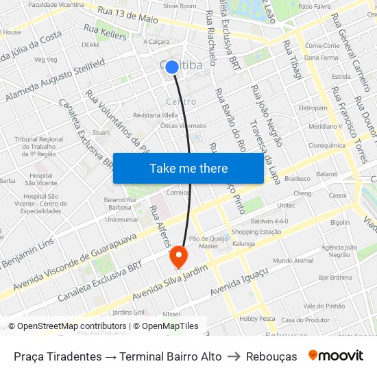 Praça Tiradentes → Terminal Bairro Alto to Rebouças map