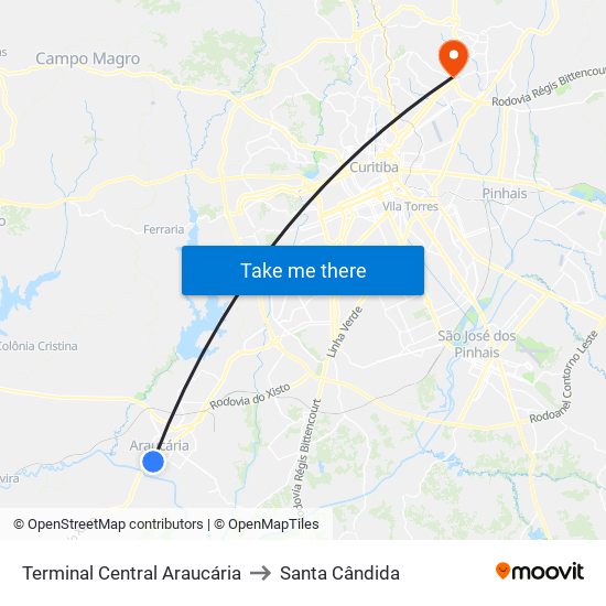 Terminal Central Araucária to Santa Cândida map