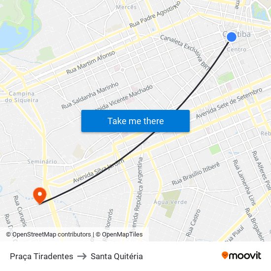 Praça Tiradentes → Terminal Pinhais to Santa Quitéria map