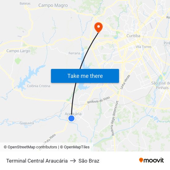 Terminal Central Araucária to São Braz map