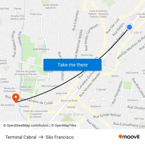 Terminal Cabral to São Francisco map