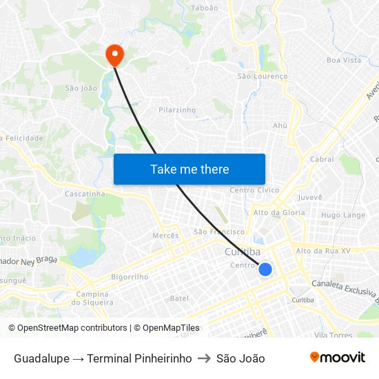 Guadalupe → Terminal Pinheirinho to São João map