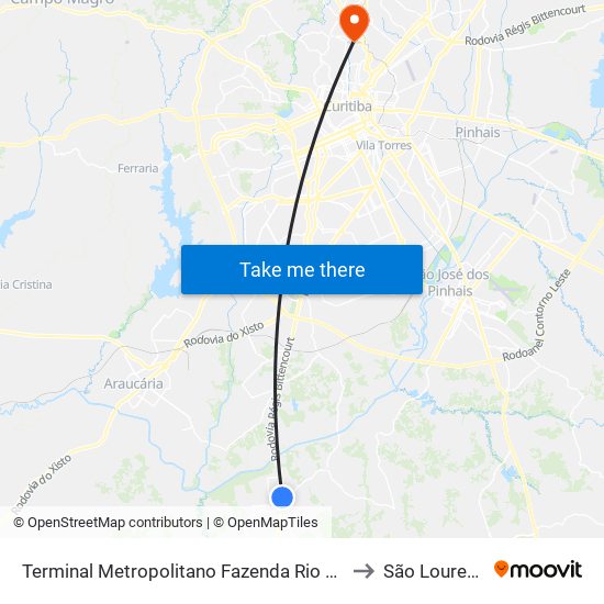 Terminal Metropolitano Fazenda Rio Grande to São Lourenço map