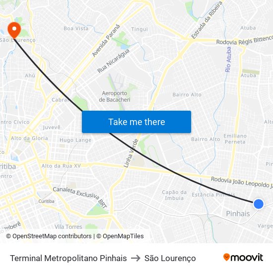 Terminal Metropolitano Pinhais to São Lourenço map