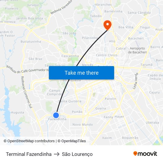 Terminal Fazendinha to São Lourenço map