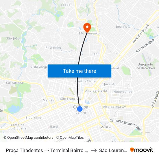 Praça Tiradentes → Terminal Bairro Alto to São Lourenço map