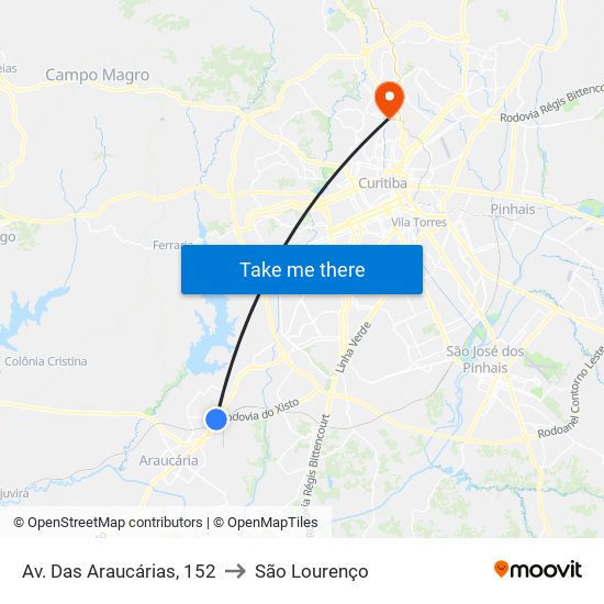 Av. Das Araucárias, 152 to São Lourenço map