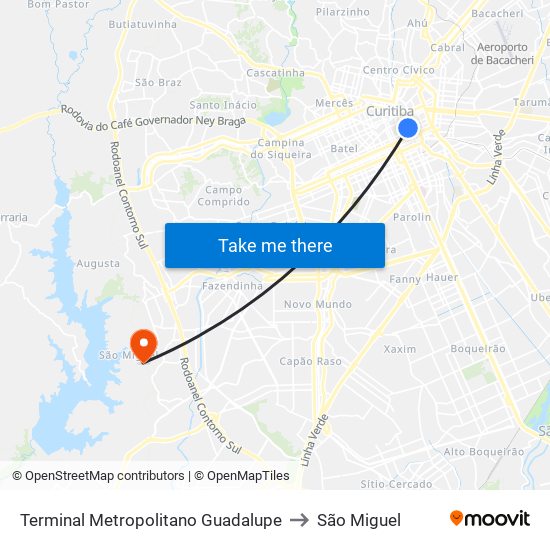 Terminal Metropolitano Guadalupe to São Miguel map