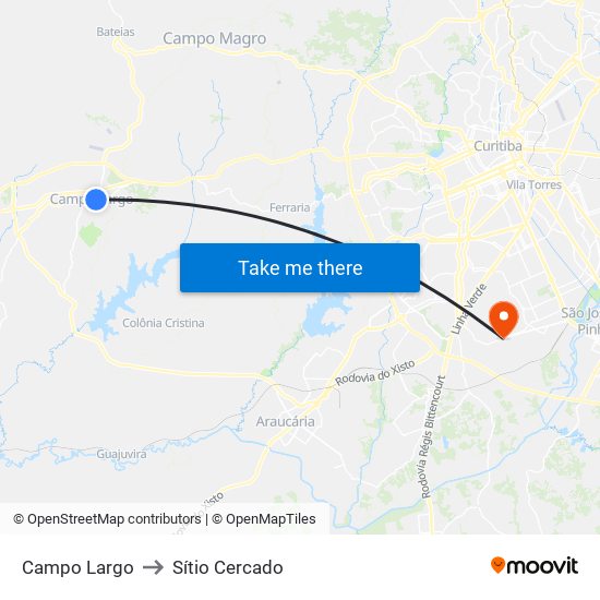 Campo Largo to Sítio Cercado map