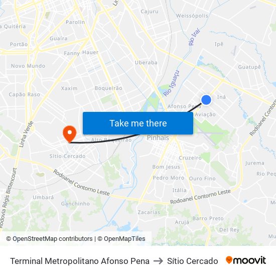 Terminal Metropolitano Afonso Pena to Sítio Cercado map