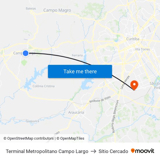 Terminal Metropolitano Campo Largo to Sítio Cercado map