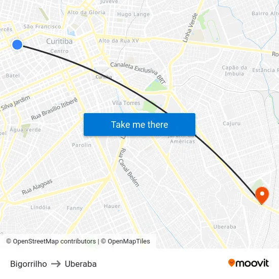 Bigorrilho to Uberaba map