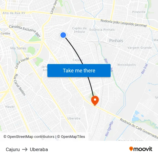 Cajuru to Uberaba map