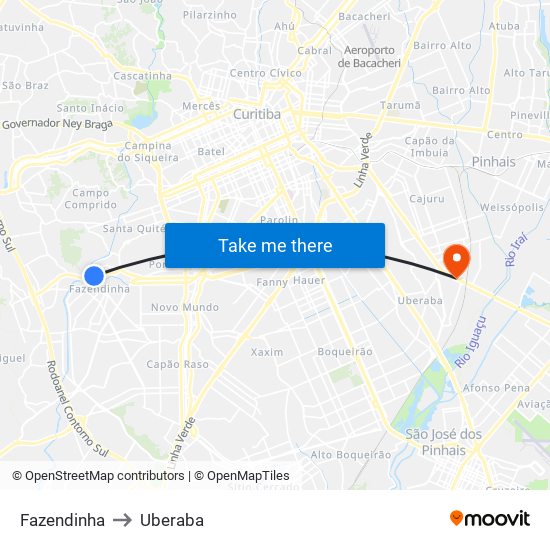 Fazendinha to Uberaba map