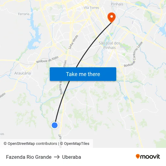 Fazenda Rio Grande to Uberaba map