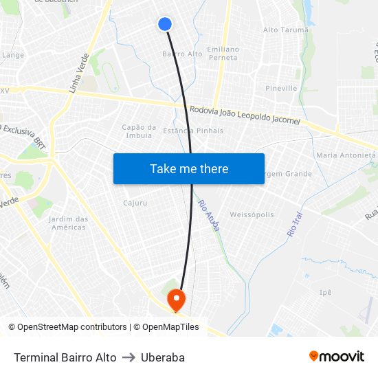 Terminal Bairro Alto to Uberaba map