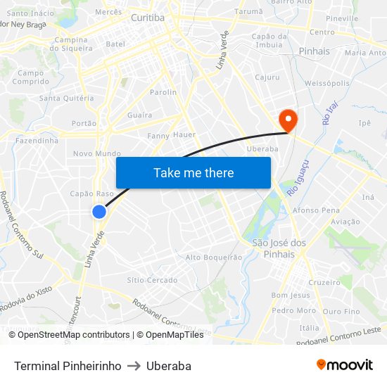 Terminal Pinheirinho to Uberaba map