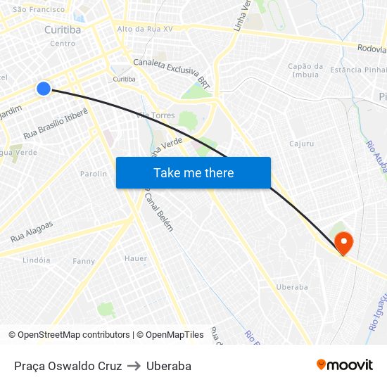 Praça Oswaldo Cruz to Uberaba map