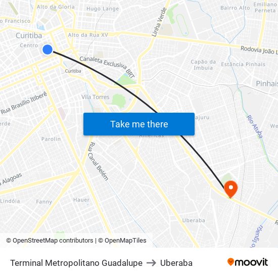 Terminal Metropolitano Guadalupe to Uberaba map