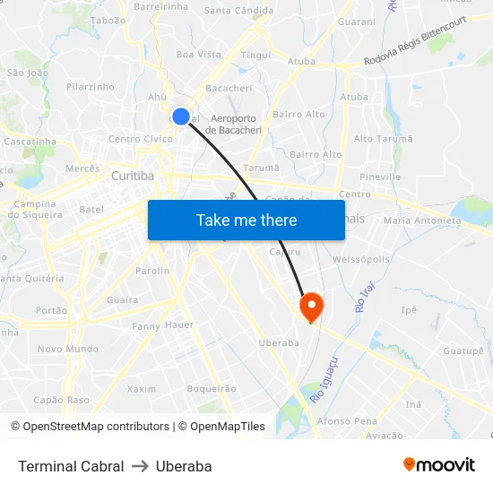 Terminal Cabral to Uberaba map