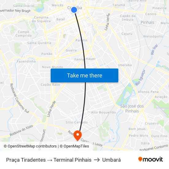 Praça Tiradentes → Terminal Pinhais to Umbará map