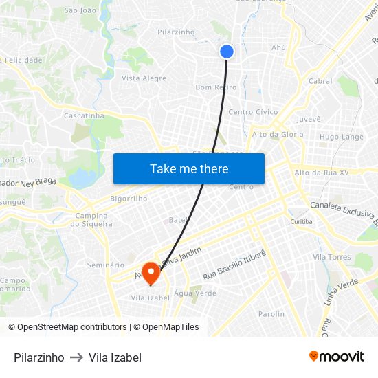 Pilarzinho to Vila Izabel map