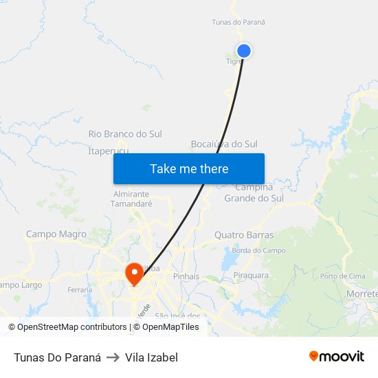 Tunas Do Paraná to Vila Izabel map