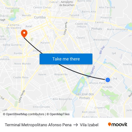 Terminal Metropolitano Afonso Pena to Vila Izabel map