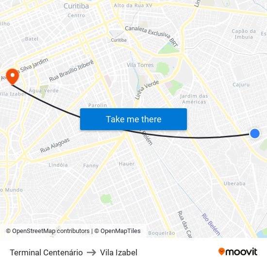 Terminal Centenário to Vila Izabel map