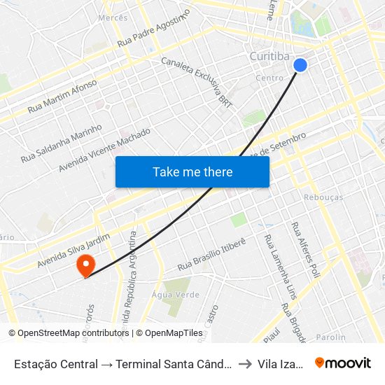 Estação Central → Terminal Santa Cândida to Vila Izabel map