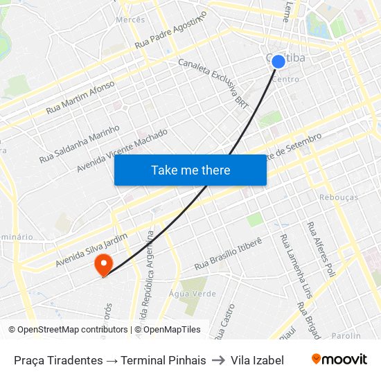 Praça Tiradentes → Terminal Pinhais to Vila Izabel map