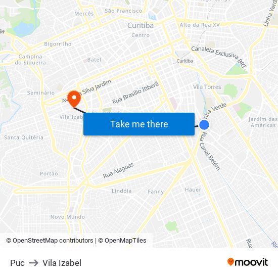 Puc (Linha Verde) to Vila Izabel map
